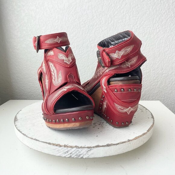 Lane Boots LEXINGTON Womens Red Wedges Western Sandals Wooden Heels Size 8 - Picture 11 of 11